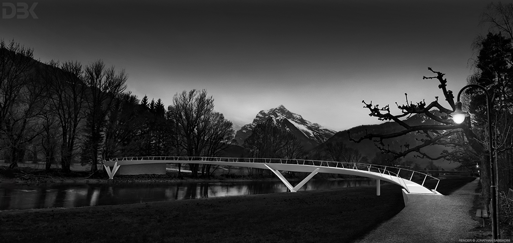 passerella sul fiume Linth notturno render e fotocomposizione